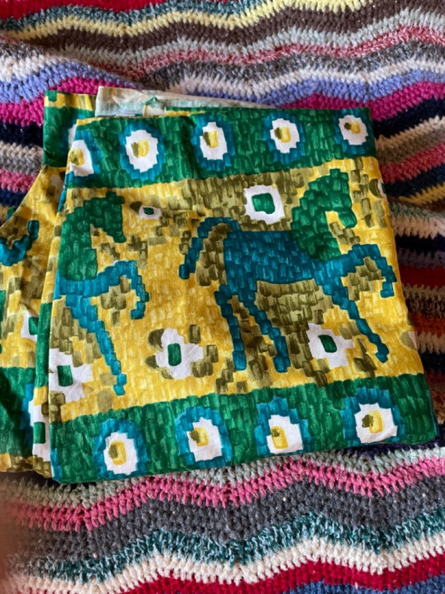 Vintage 60s fabric with horses green yellow