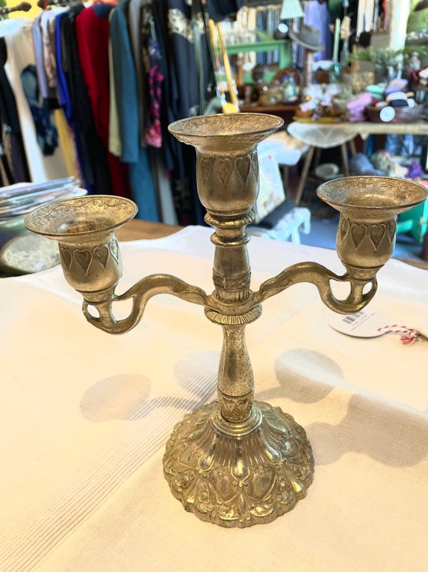 Vintage silver plate 3 armed patterned candle holder