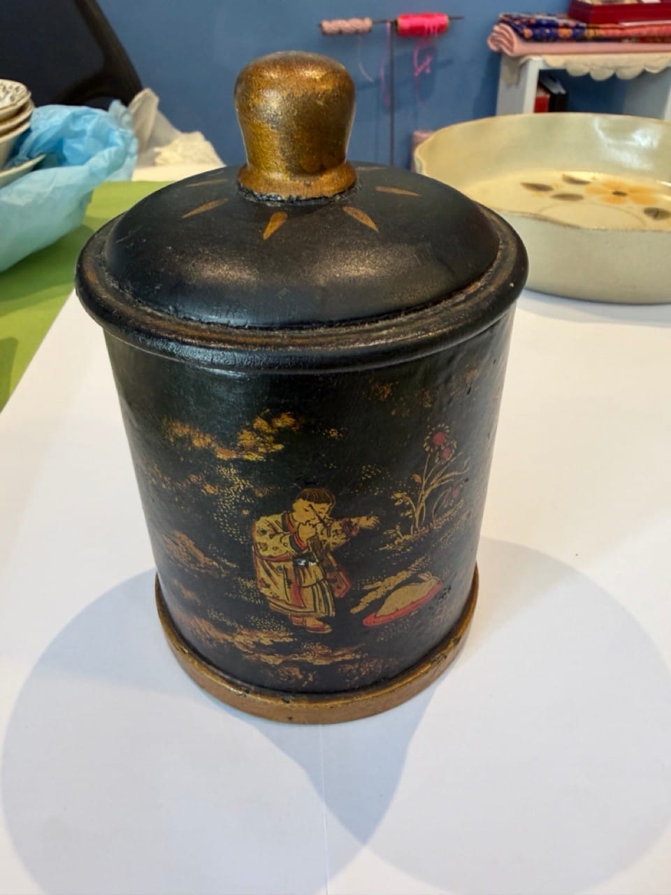 Vintage Japanese papier mache lacquer lidded canister