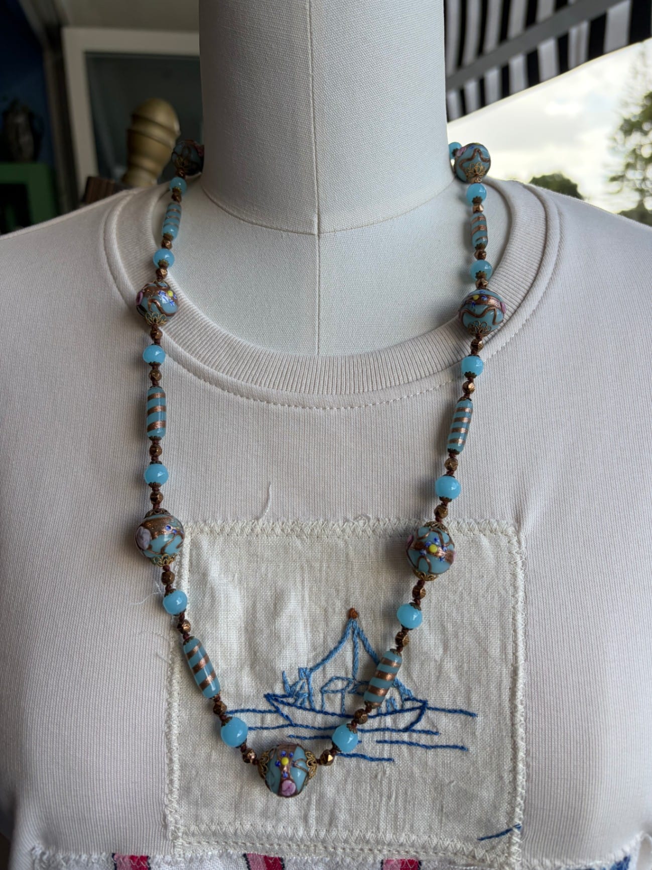 Vintage Murano wedding cake glass necklace blue