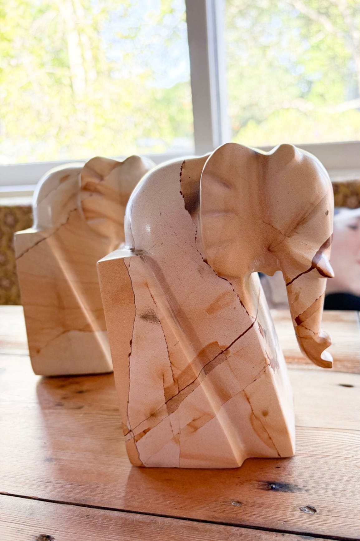 pair vintage handcarved soapstone elephant bookends