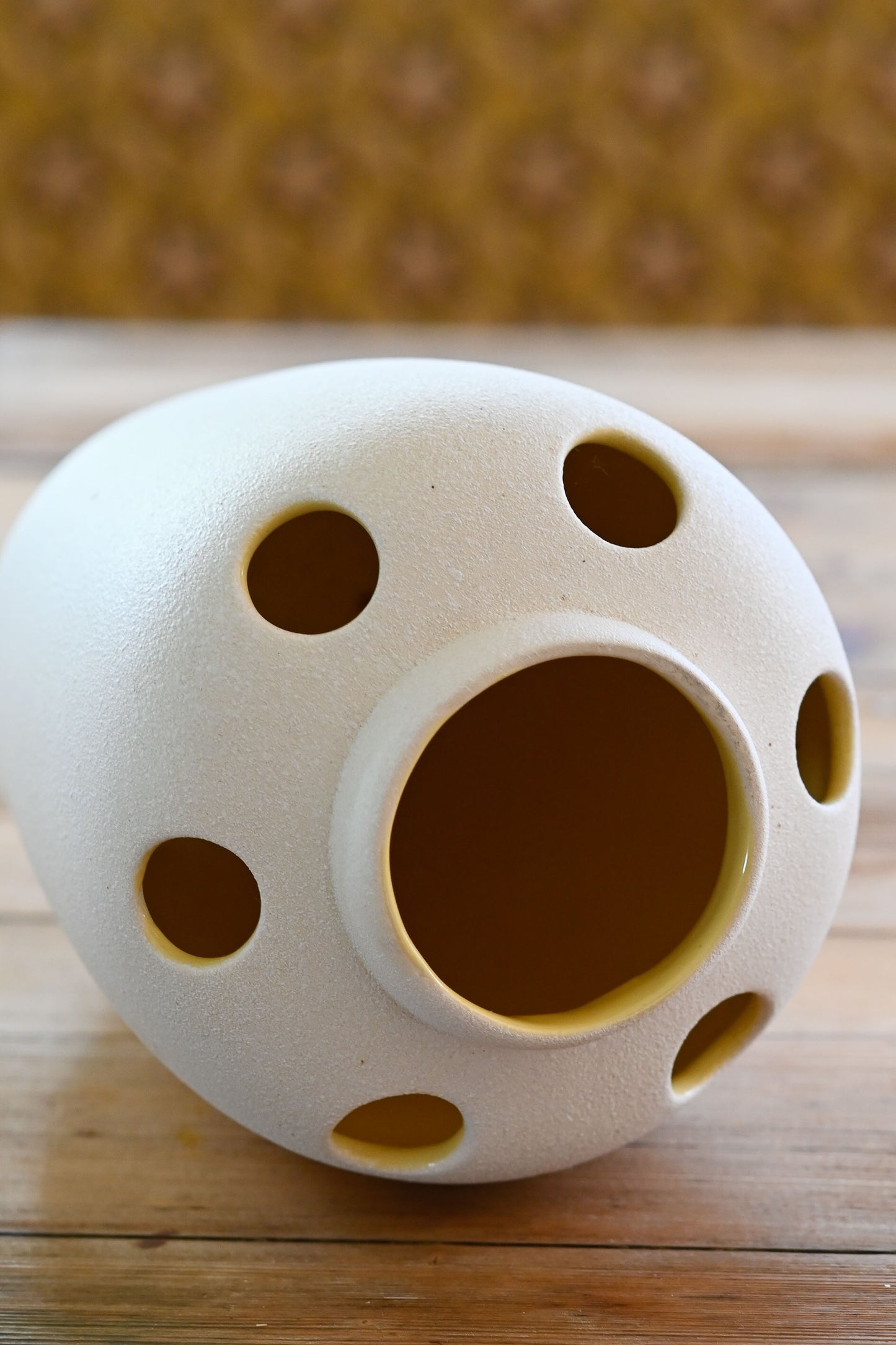 Vintage 60s pottery vase White with yellow glazed interior