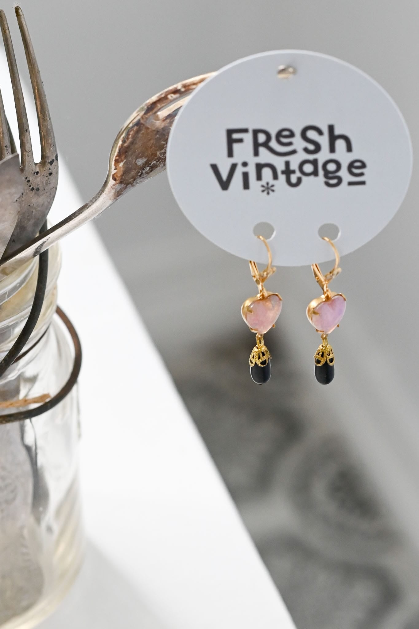 Earrings vintage opal Czech glass heart with black glass drop