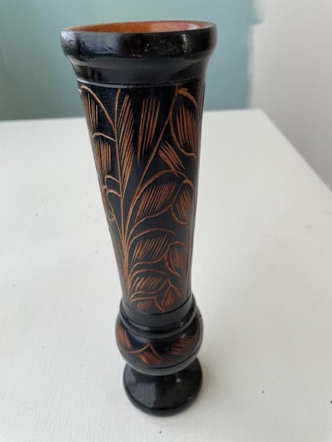 Vintage black etched wooden vase