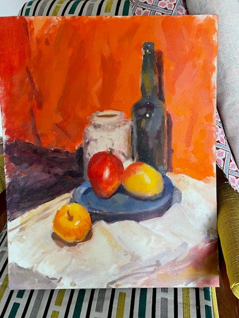 Vintage fruit and bottle still life painting