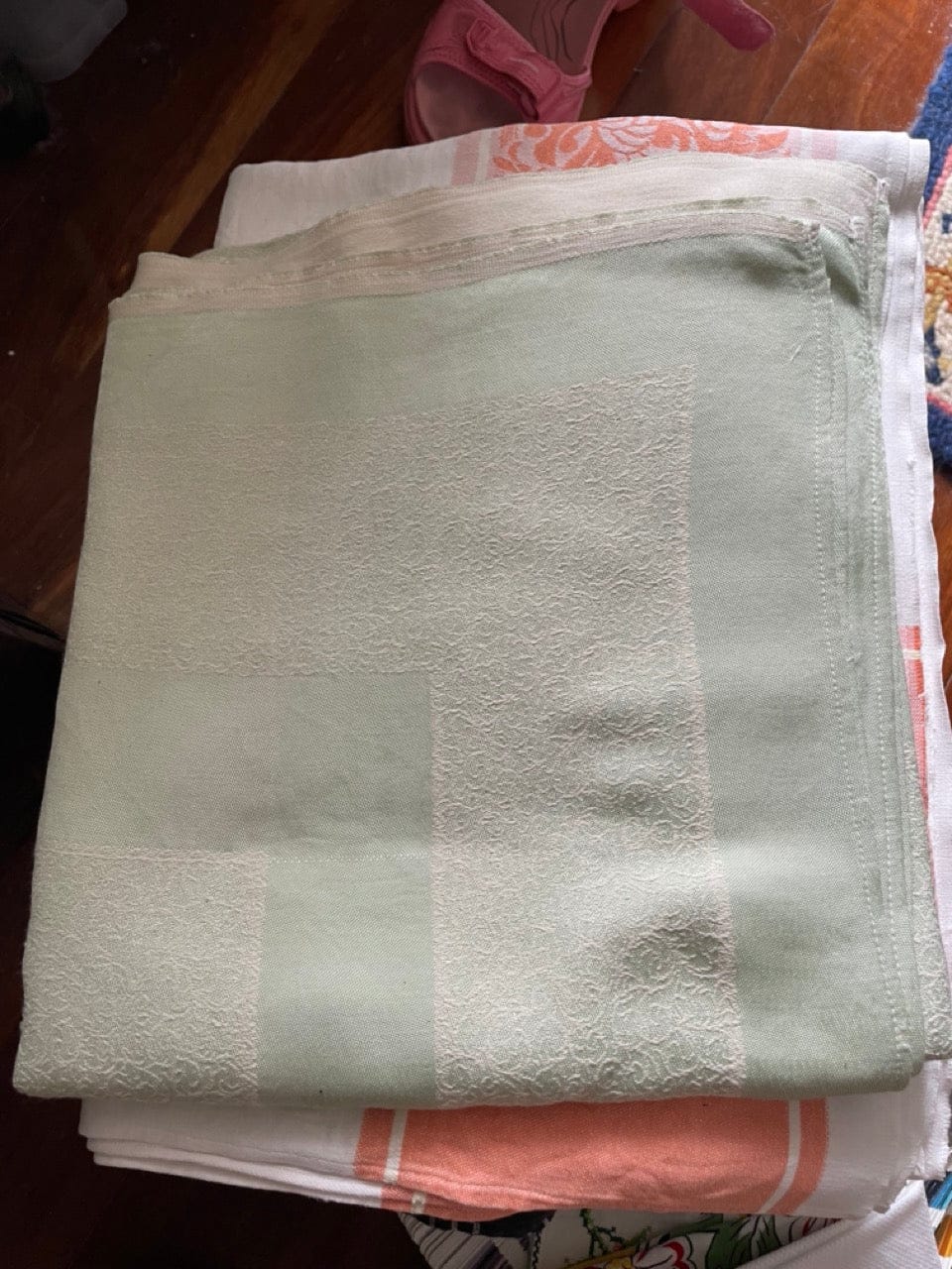 Vintage pale green damask tablecloth