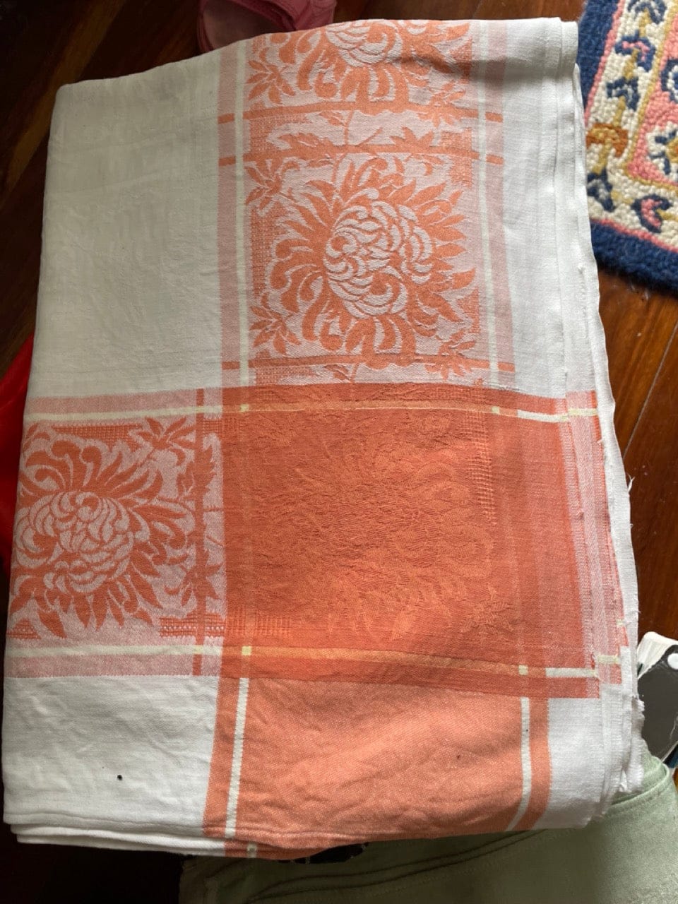 Vintage orange white damask tablecloth