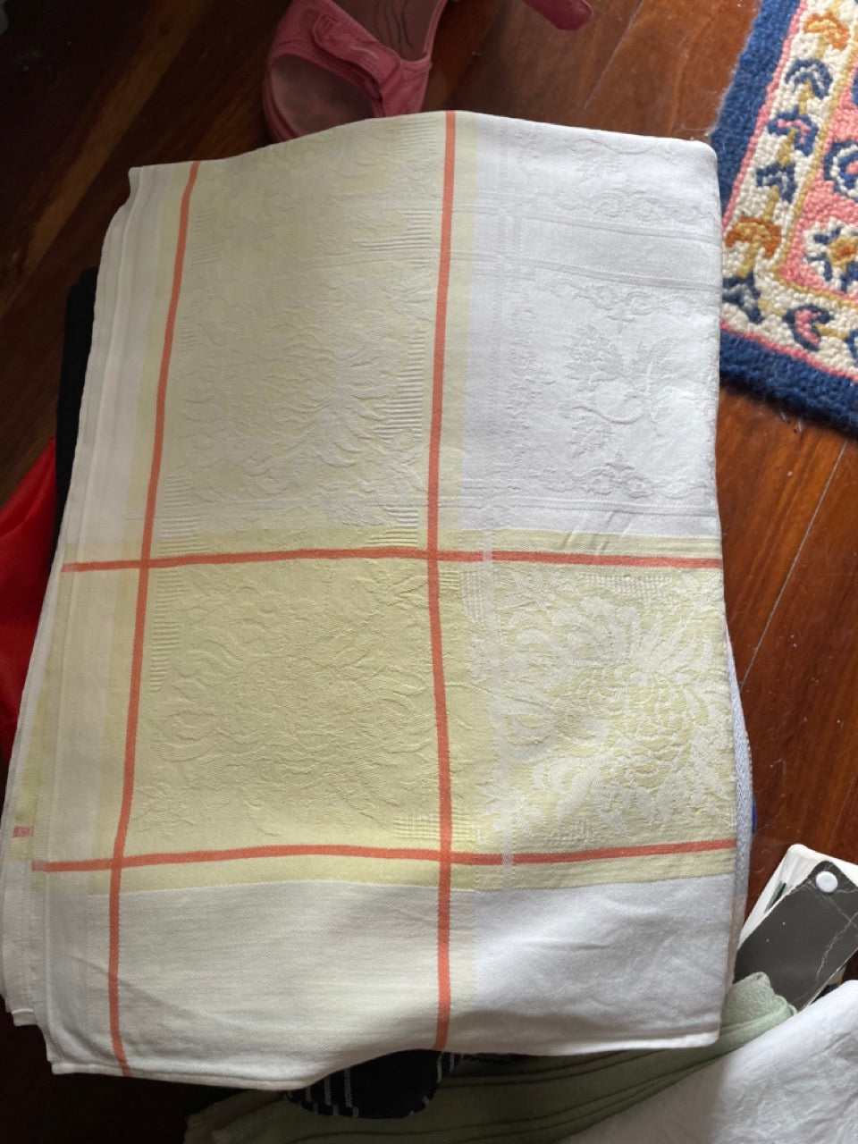 Vintage yellow orange stripe damask tablecloth