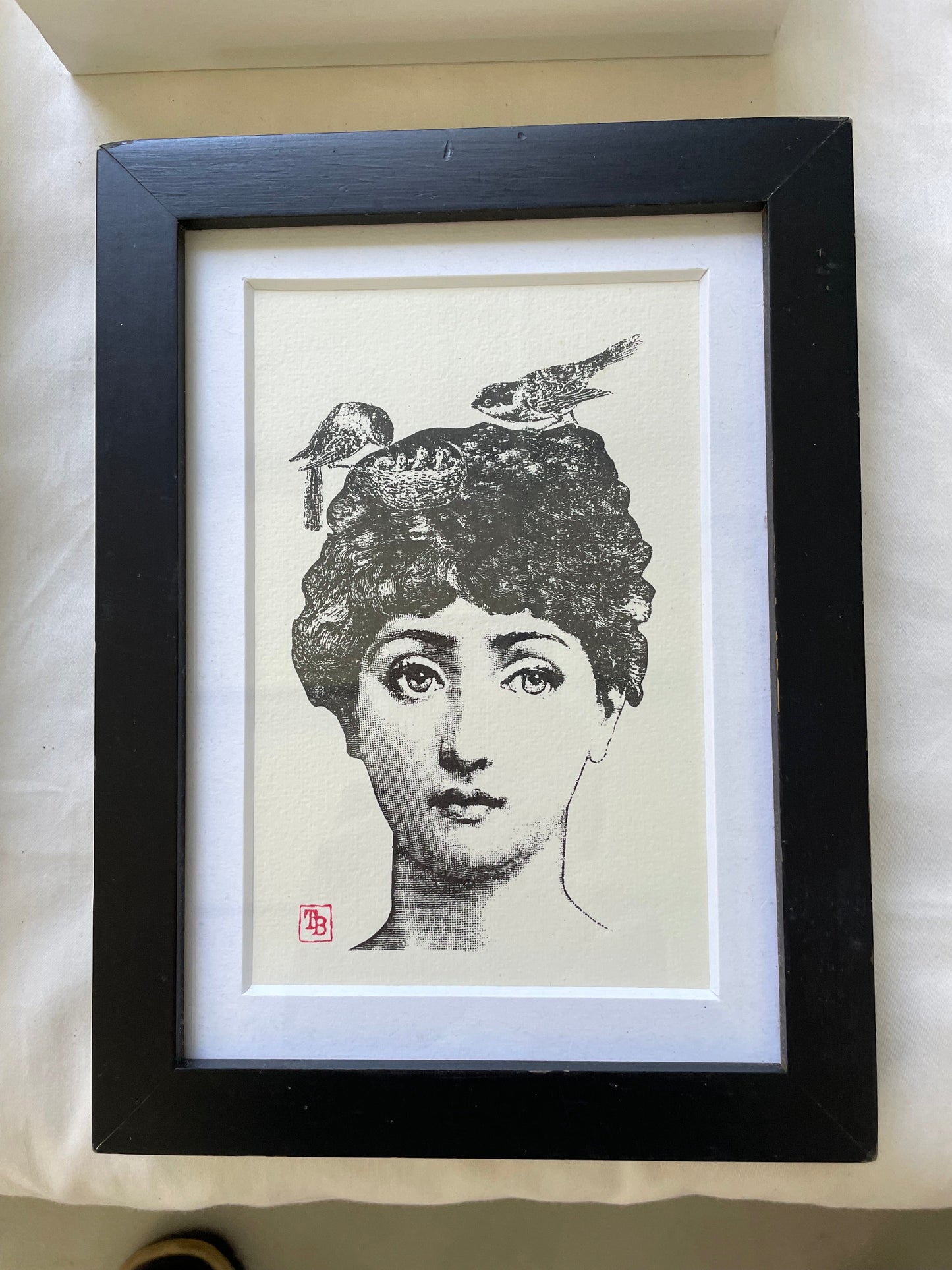 Vintage hand print woman with birds in hair
