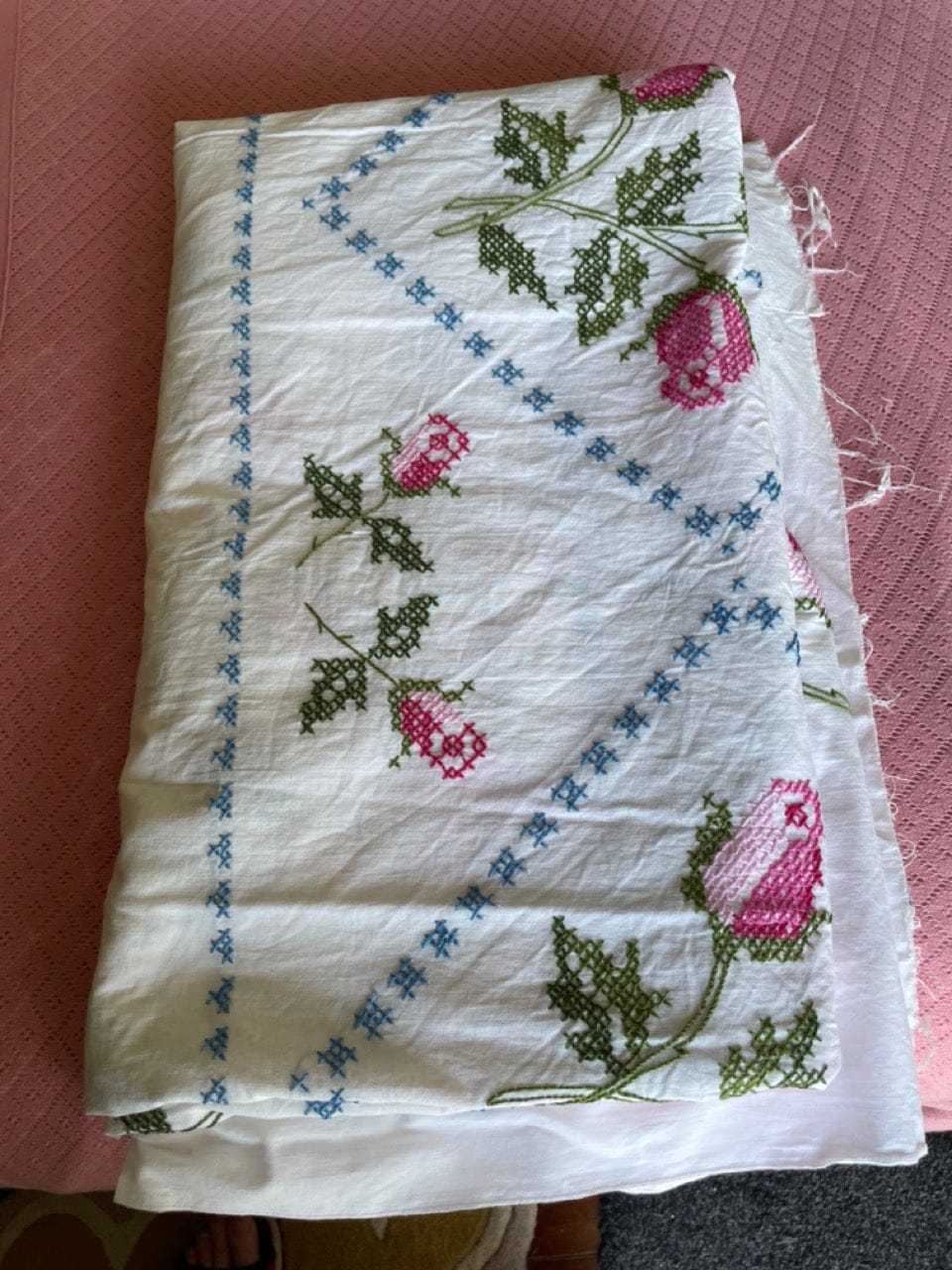 Vintage embroidered roses quilt top