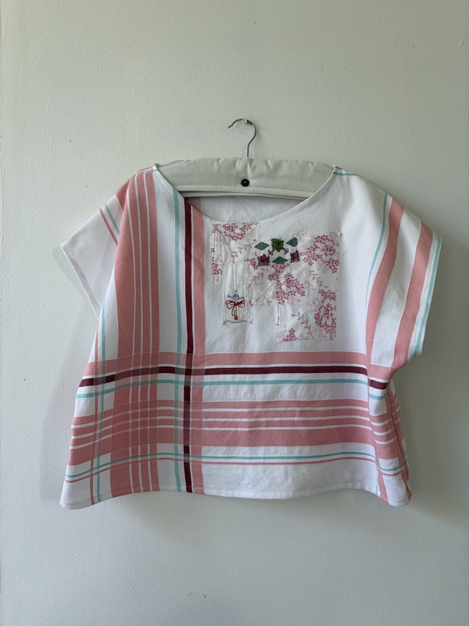 Handmade up-cycled top pink white red blue one size