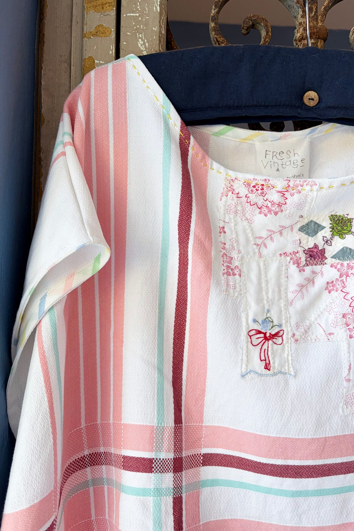 Handmade upcycled top pink white red blue one size