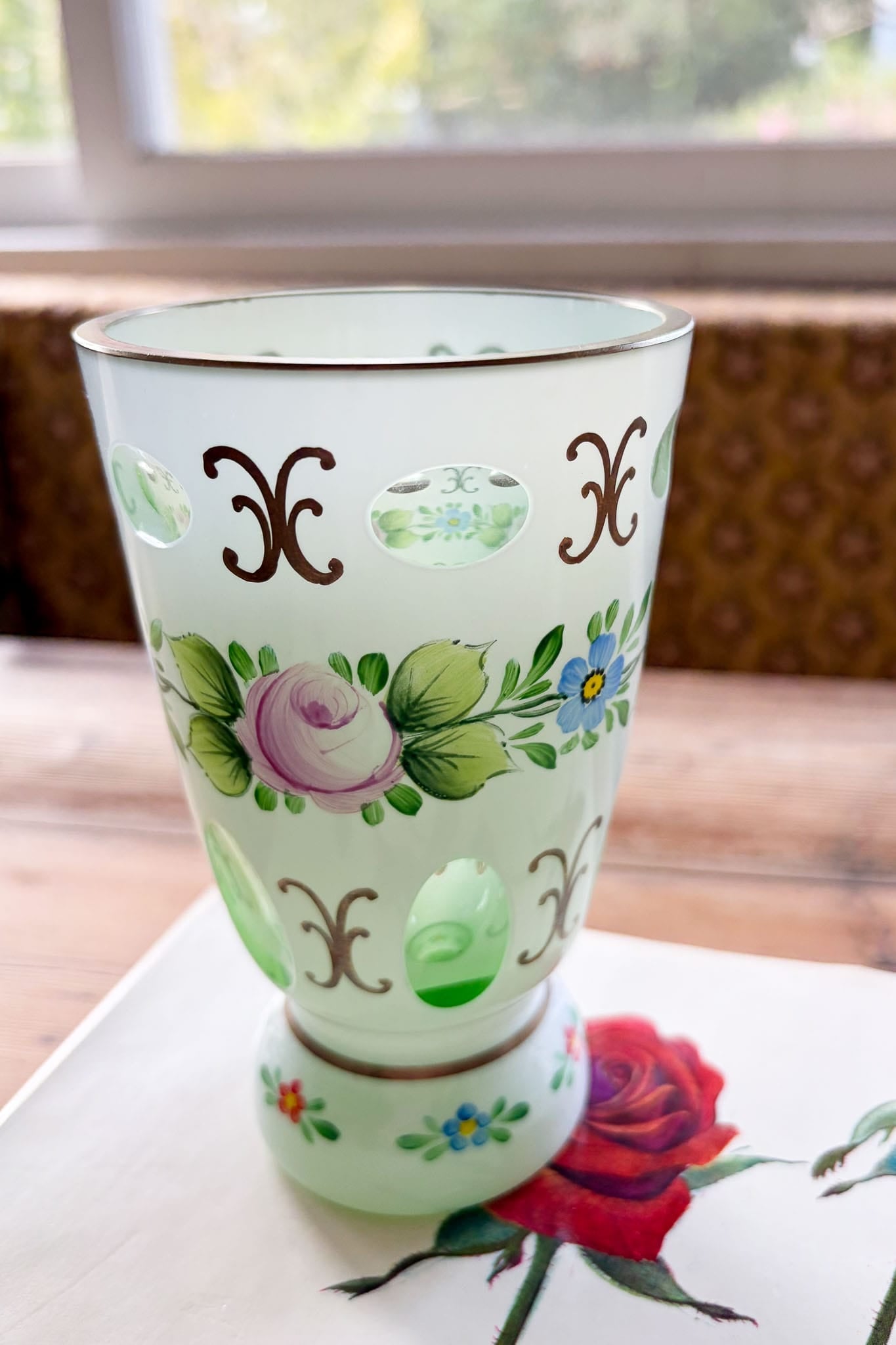Bohemian Czech cased glass painted floral vase