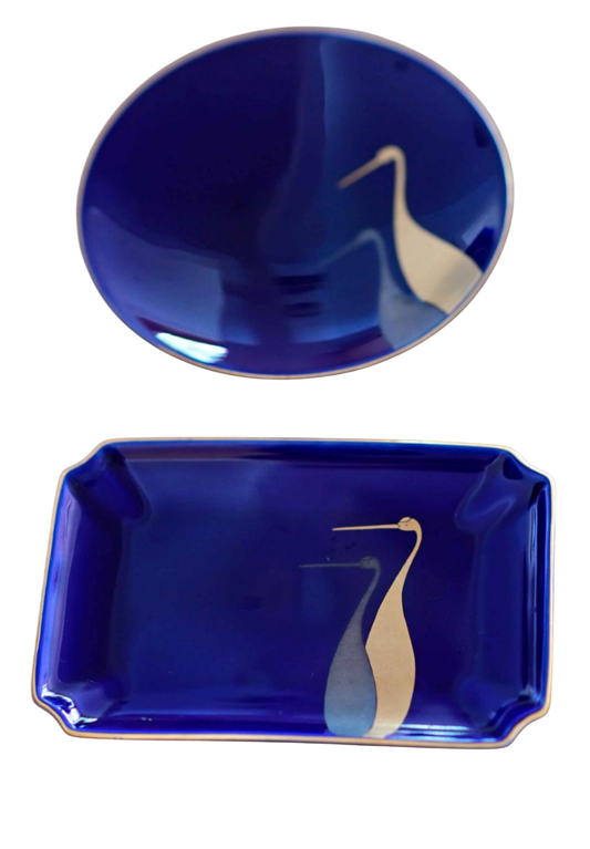 Arita Arita Ware Crane Dish Rectangle Blue and gold