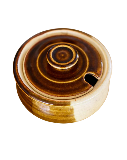 pottery bowl with lid Brown and cream