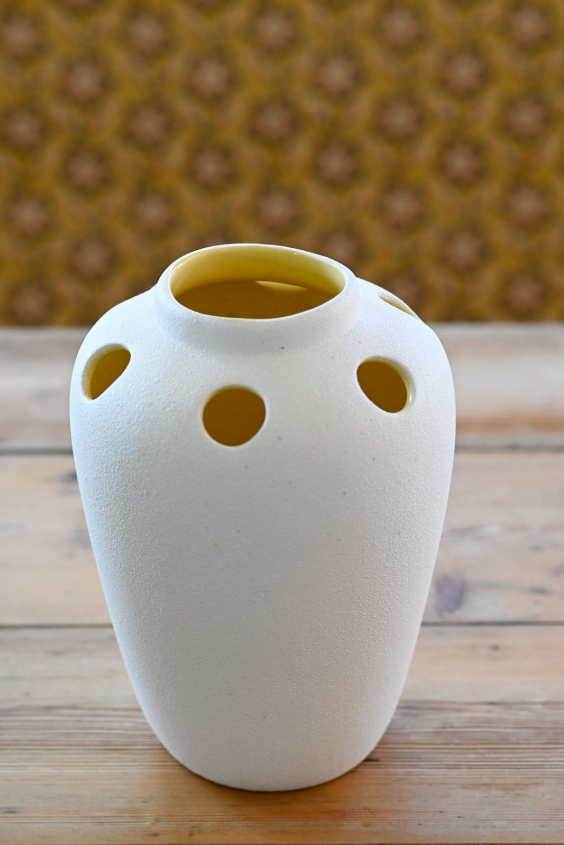vintage 60s pottery vase White with yellow glazed interior