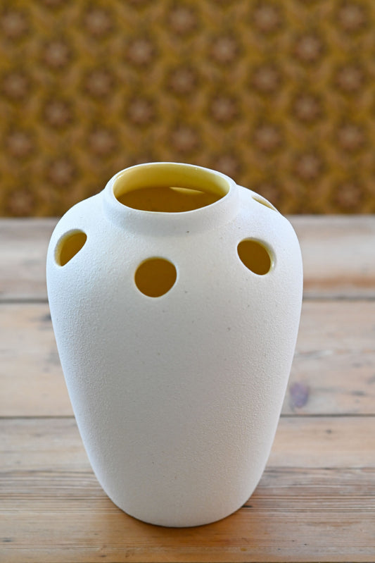 vintage 60s pottery vase White with yellow glazed interior