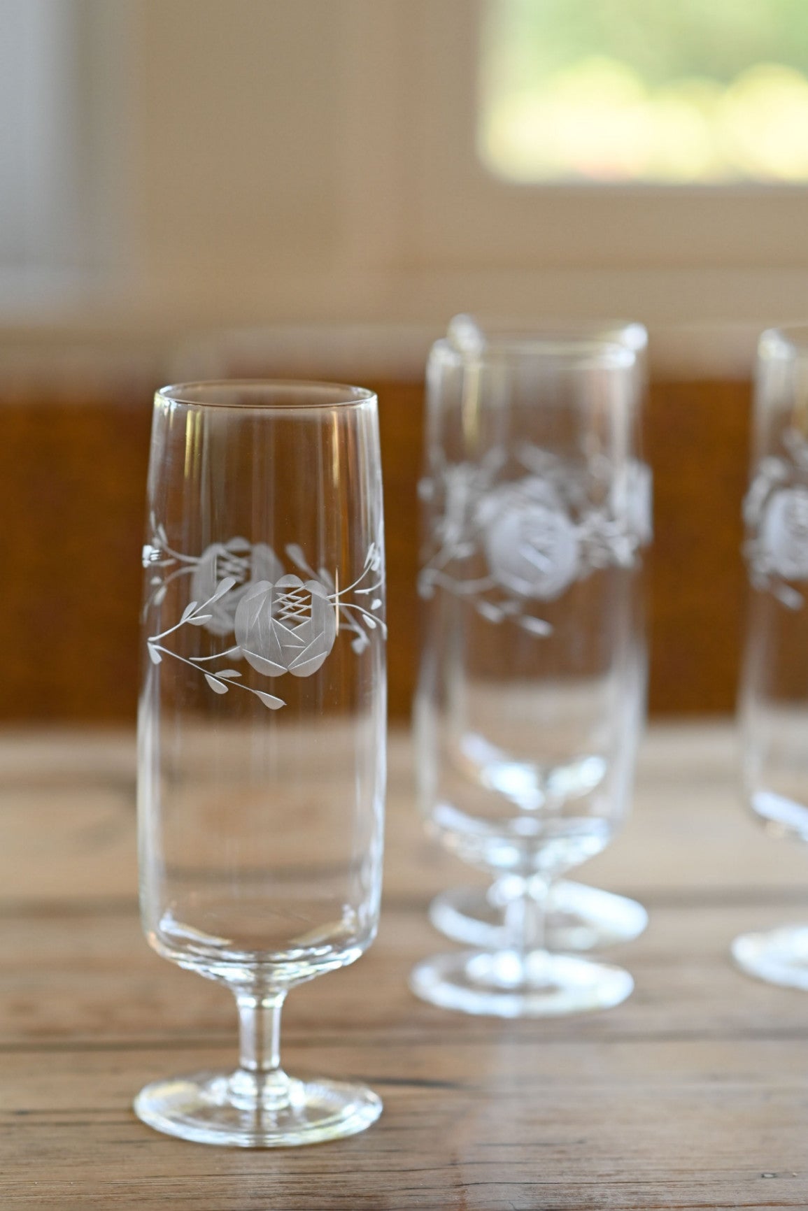 Vintage etched champagne flutes set of 5
