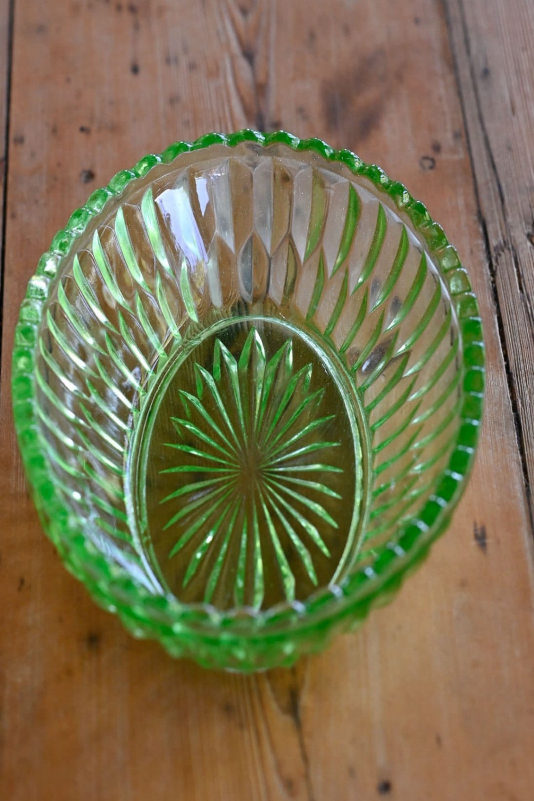 Uranium cut glass vintage oval bowl Green