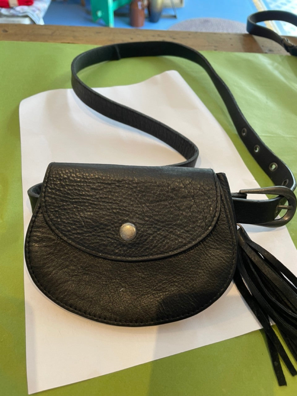 Vintage black leather belt with attached purse