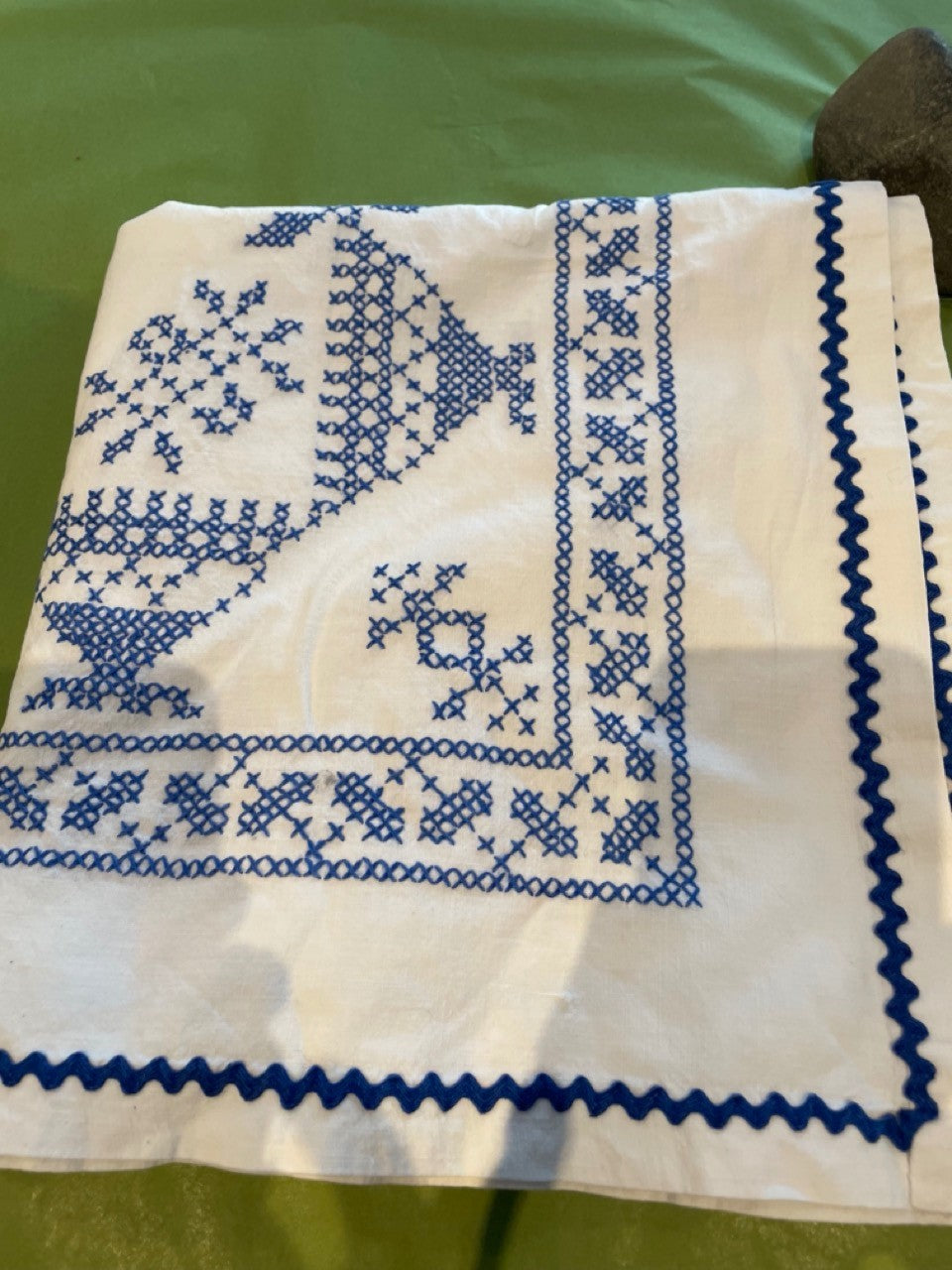 Vintage blue and white embroidered tablecloth White and Blue