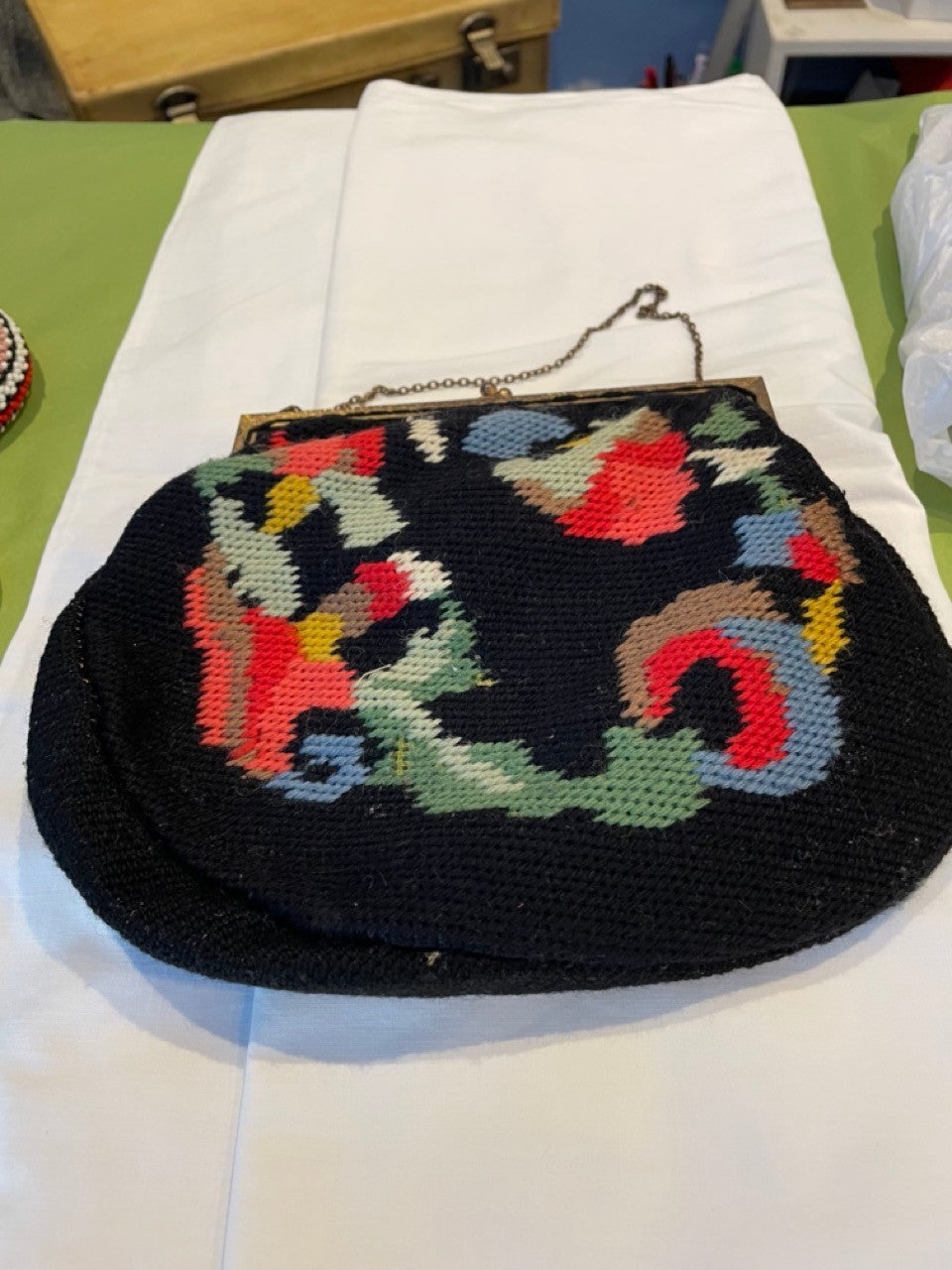Vintage wool tapestry Handbag with metal clasp