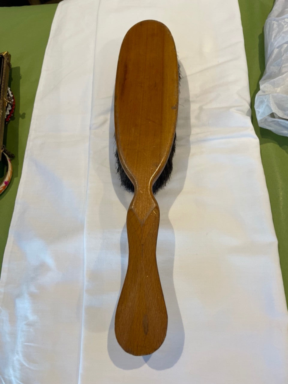 Vintage wooden clothes brush with long handle 