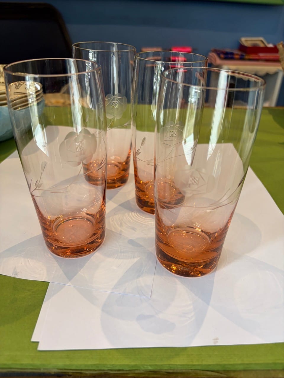 Bohemia Czech glass pink engraved glasses set of 4