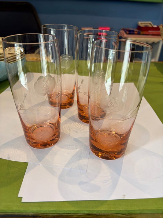 Bohemia Czech glass pink engraved glasses set of 4