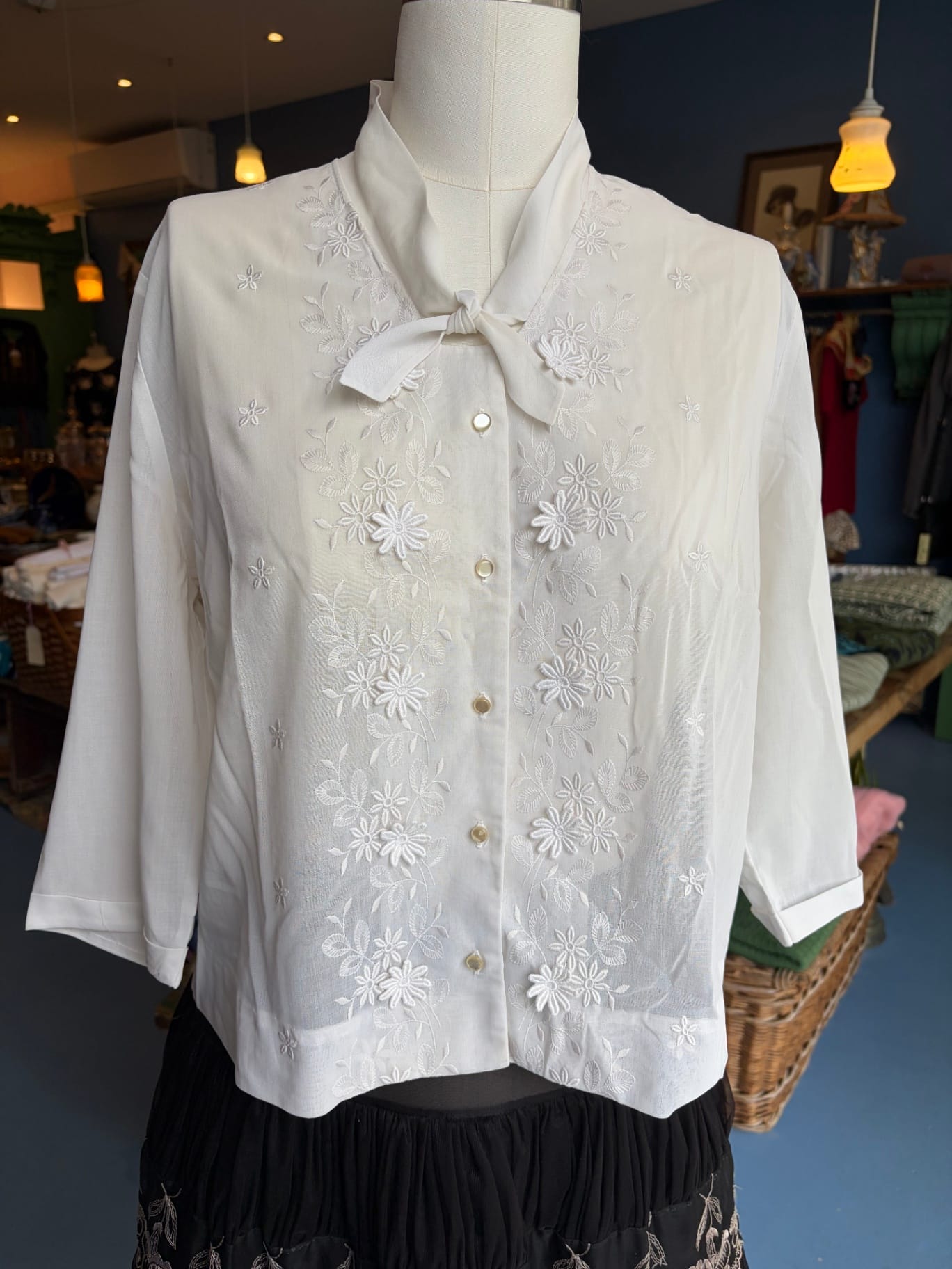 Vintage off white sheer embroidered Blouse
