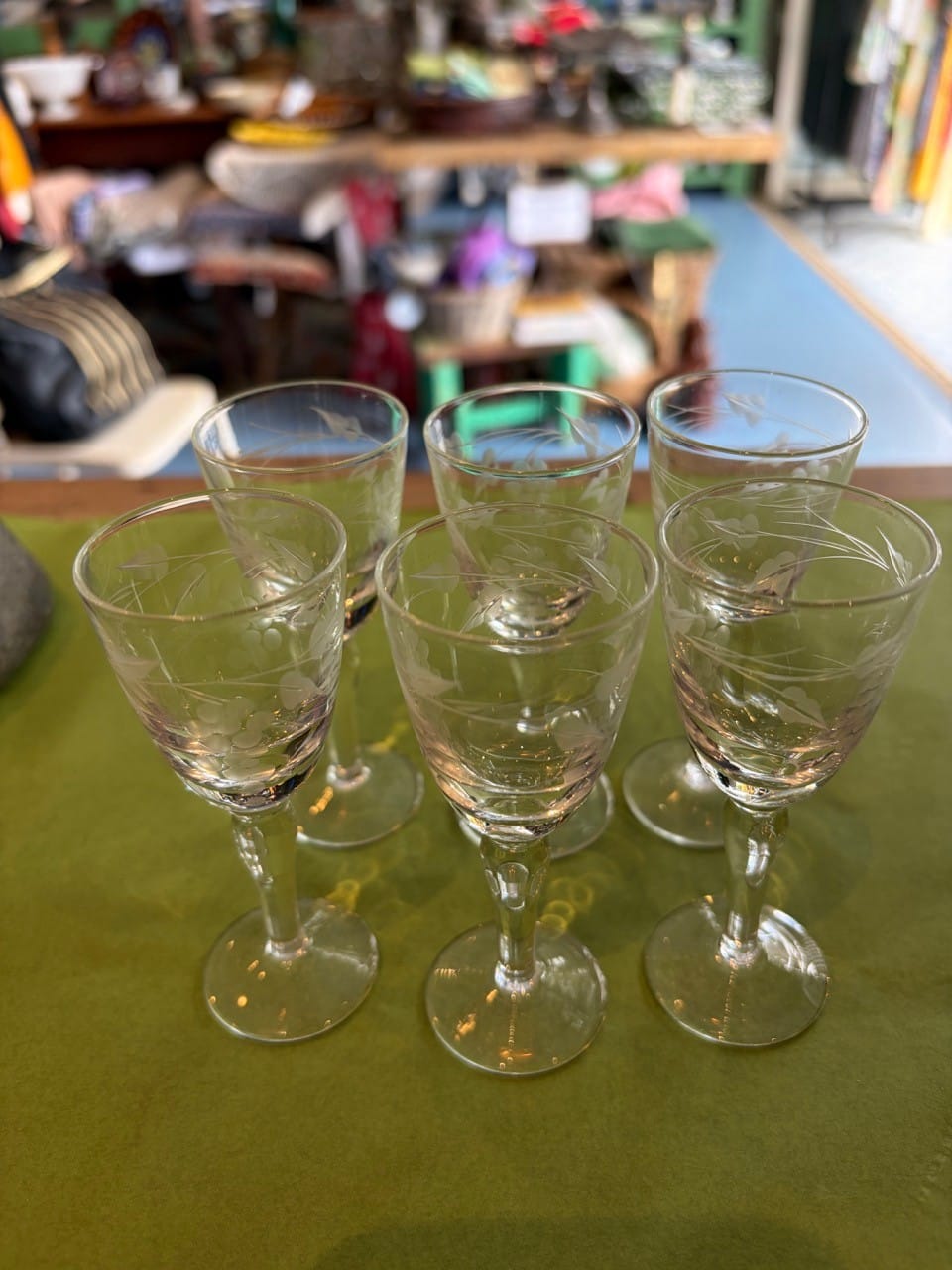 Vintage small etched liqueur glasses set of 6