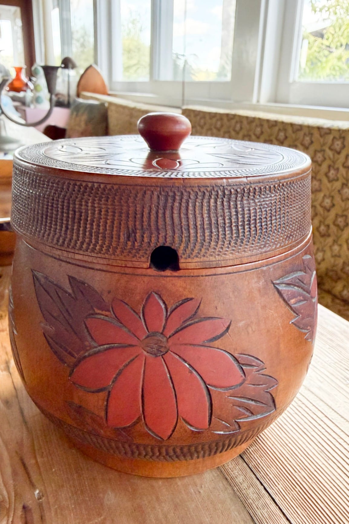 lidded canister Brown and red
