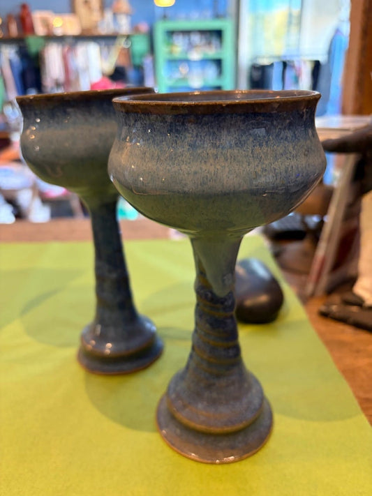 Pair of 1970s blue pottery goblets