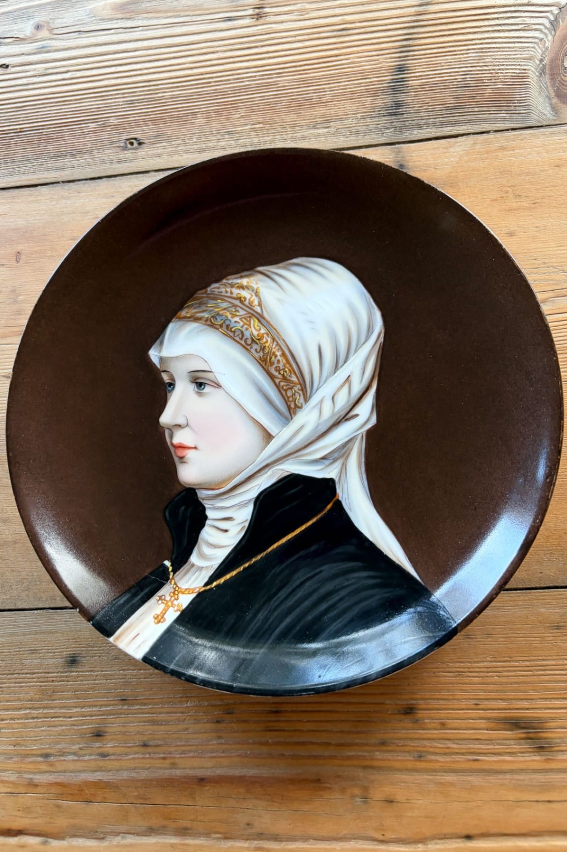 Vintage hand painted portrait of woman brown