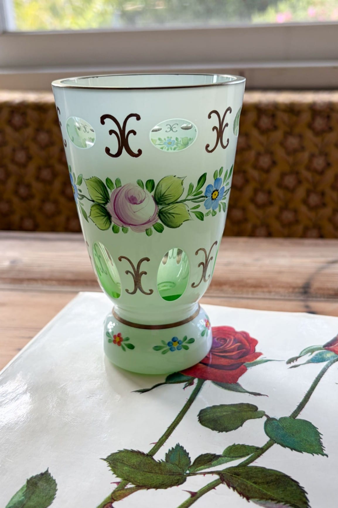 Bohemian Czech cased glass painted floral vase