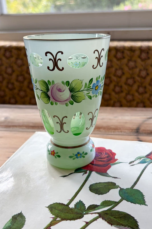 Bohemian Czech cased glass painted floral vase