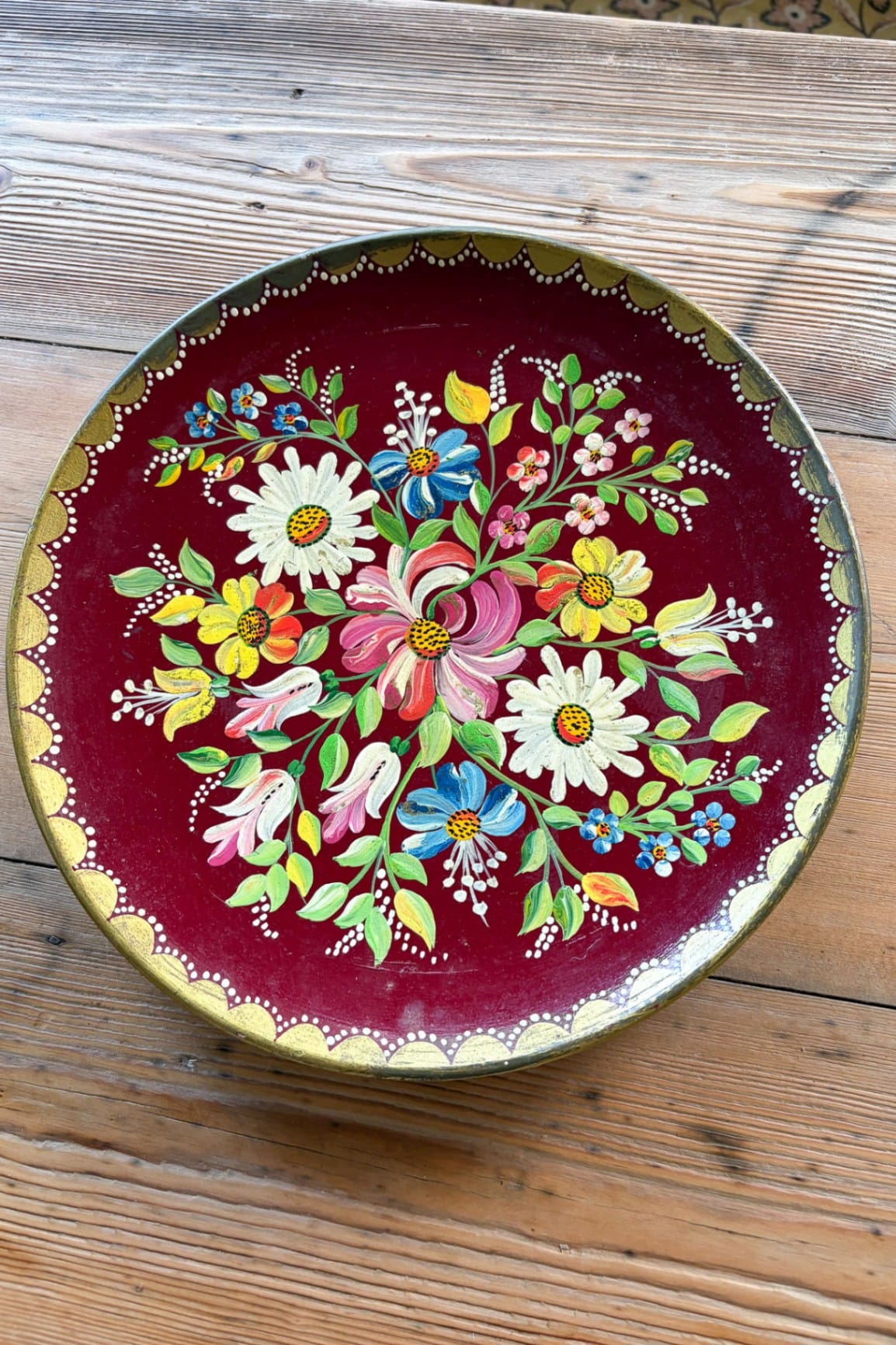 Vintage Eastern European hand painted floral glass hanging plate