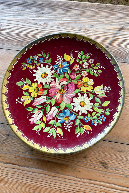 Vintage Eastern European hand painted floral glass hanging plate