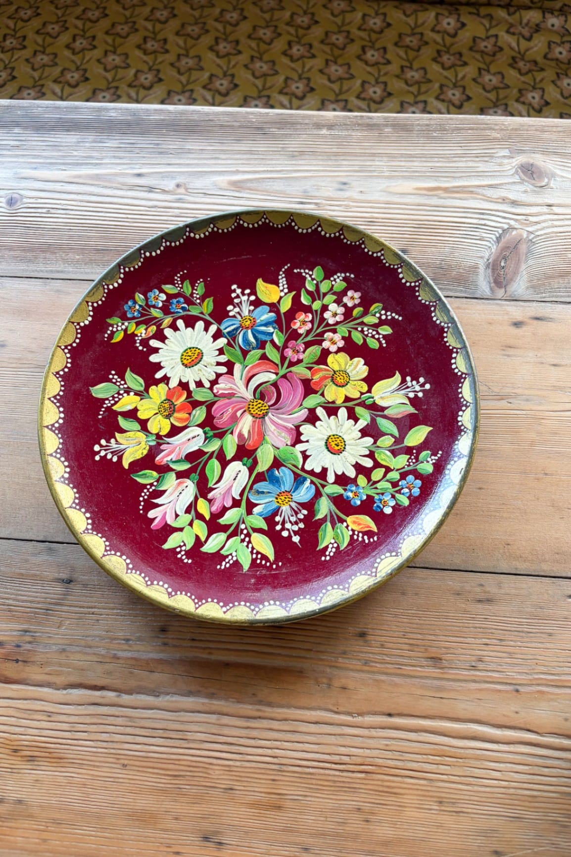 Vintage Eastern European hand painted floral glass hanging plate