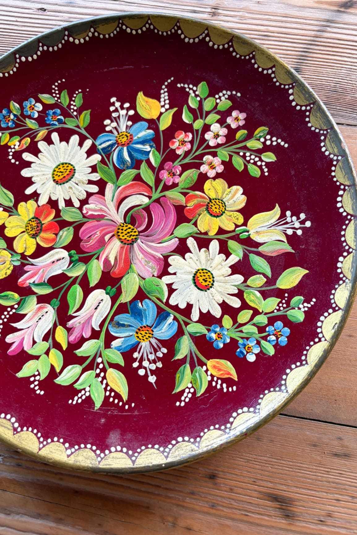 Vintage Eastern European hand painted floral glass hanging plate