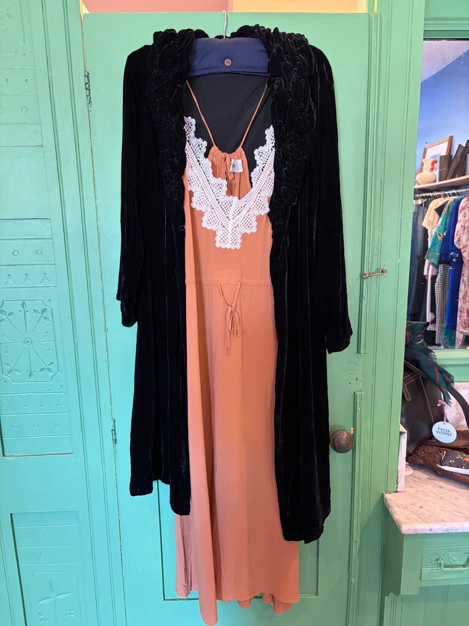 Eb and Ive dress tan with ecru lace