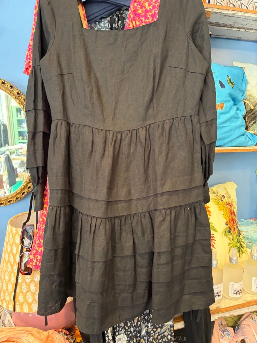 AERE linen tiered blk dress 12
