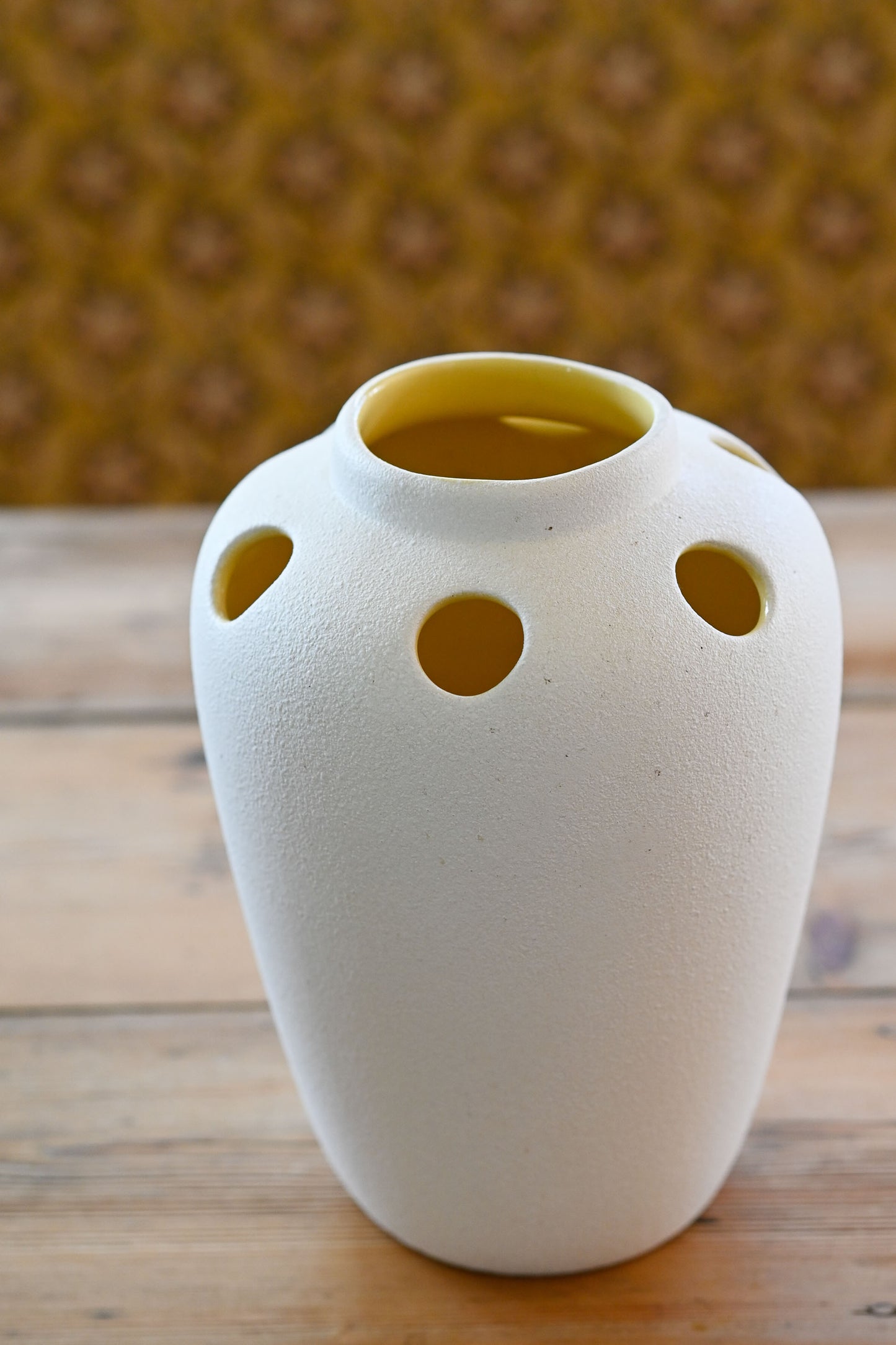 Vintage 60s pottery vase White with yellow glazed interior