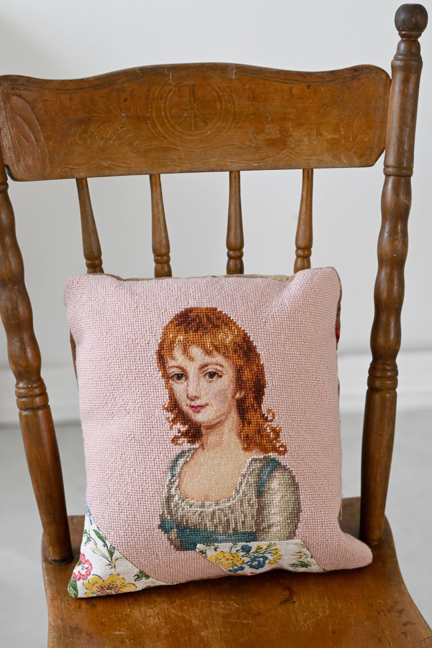 Vintage handmade tapestry of girl cushion