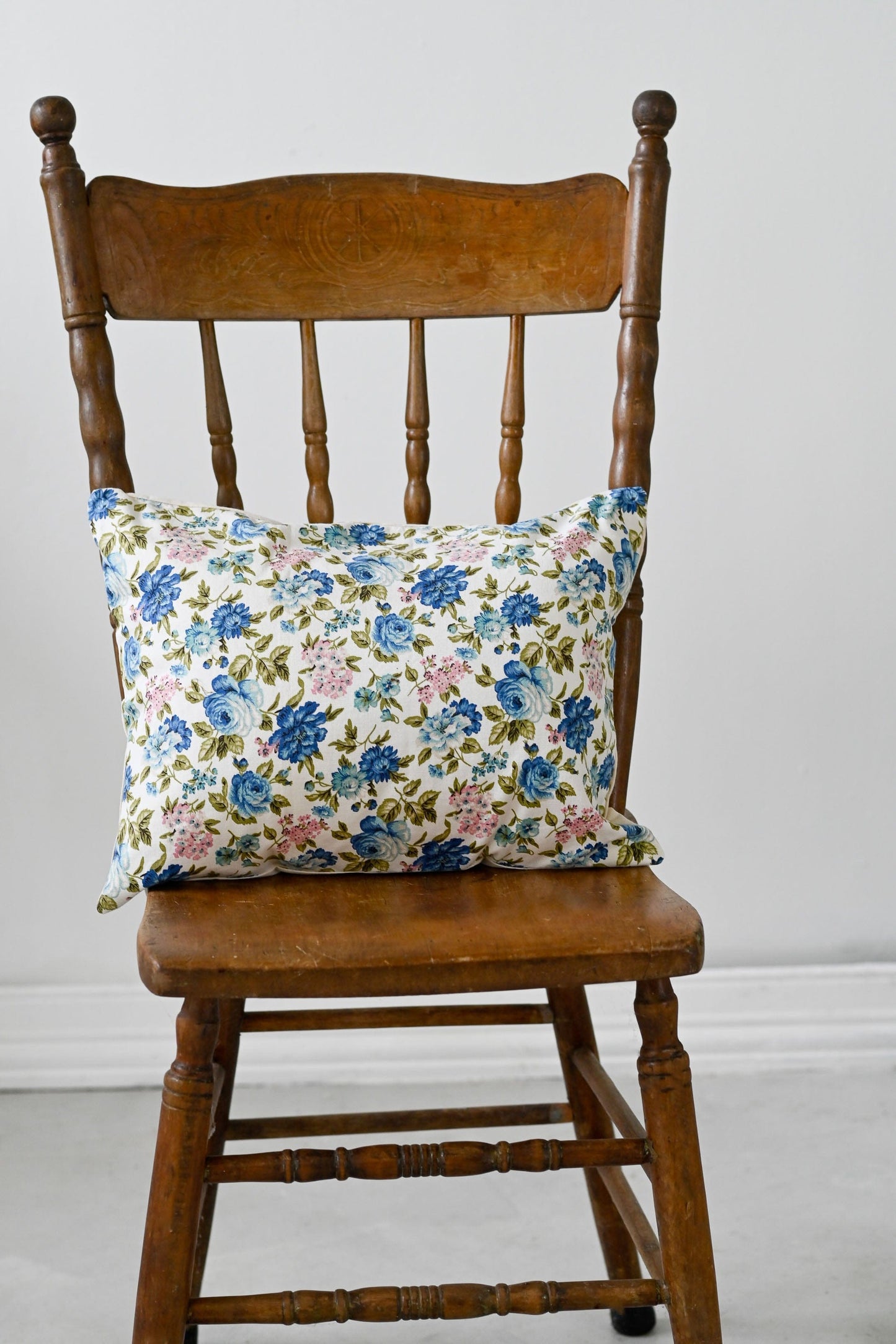Vintage blue floral linen cushion
