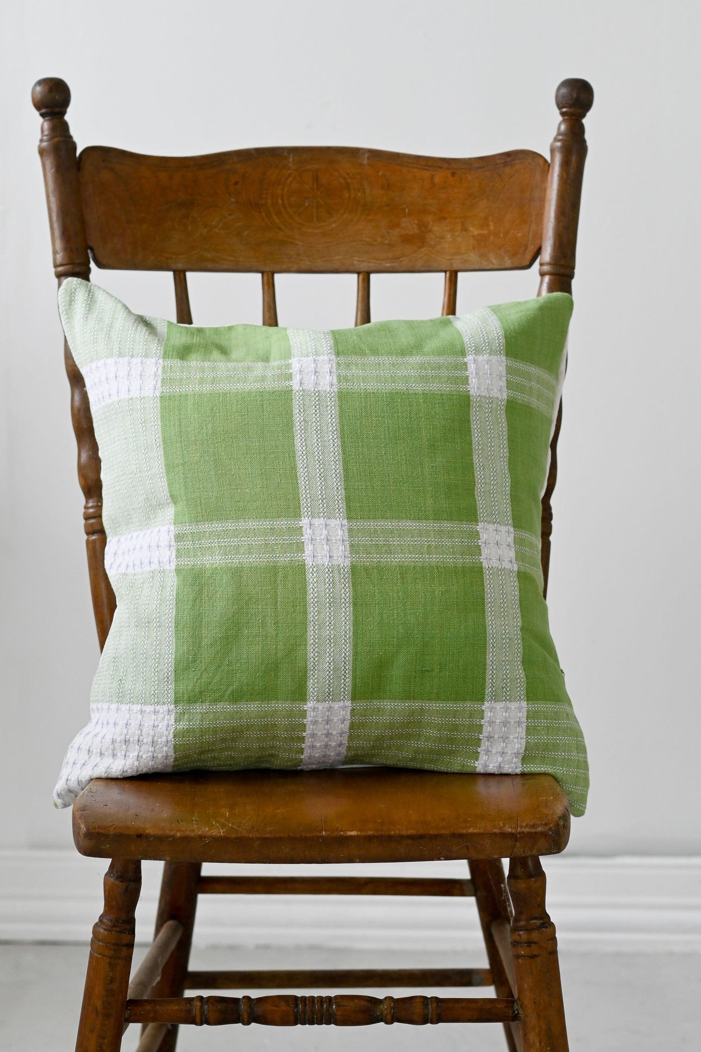 Handmade green check cushion with insert