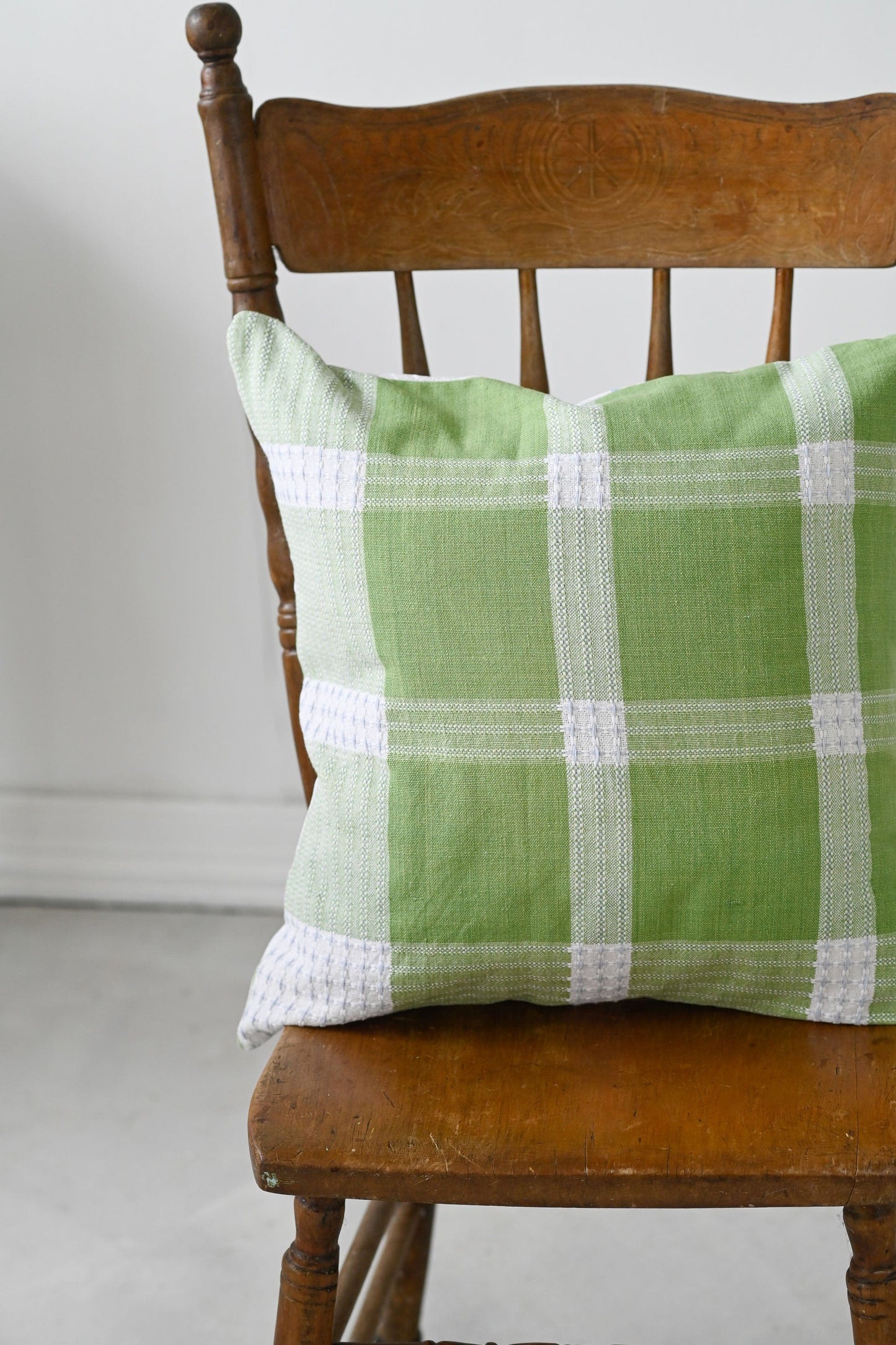 Handmade green check cushion with insert