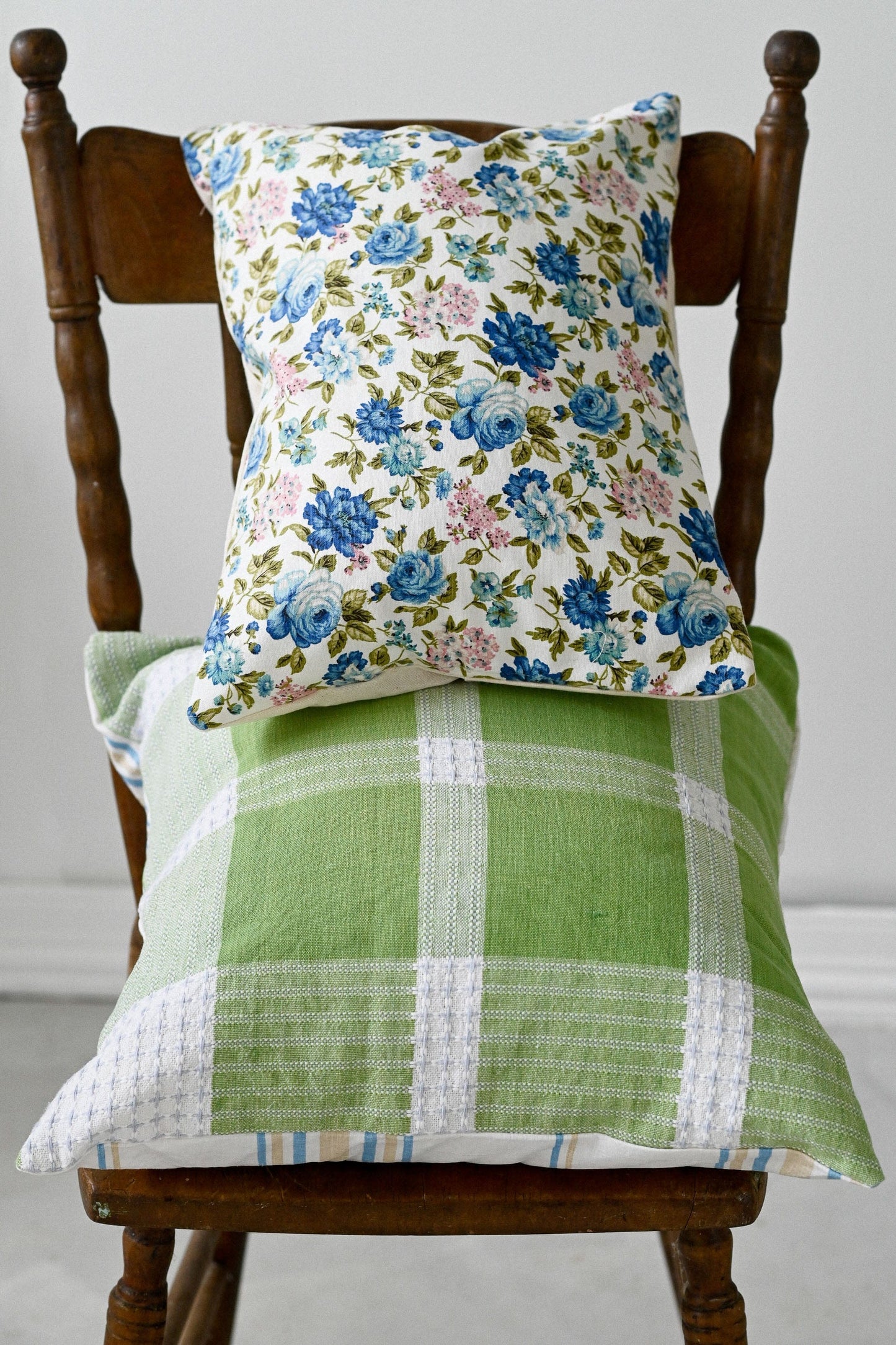 Handmade green check cushion with insert