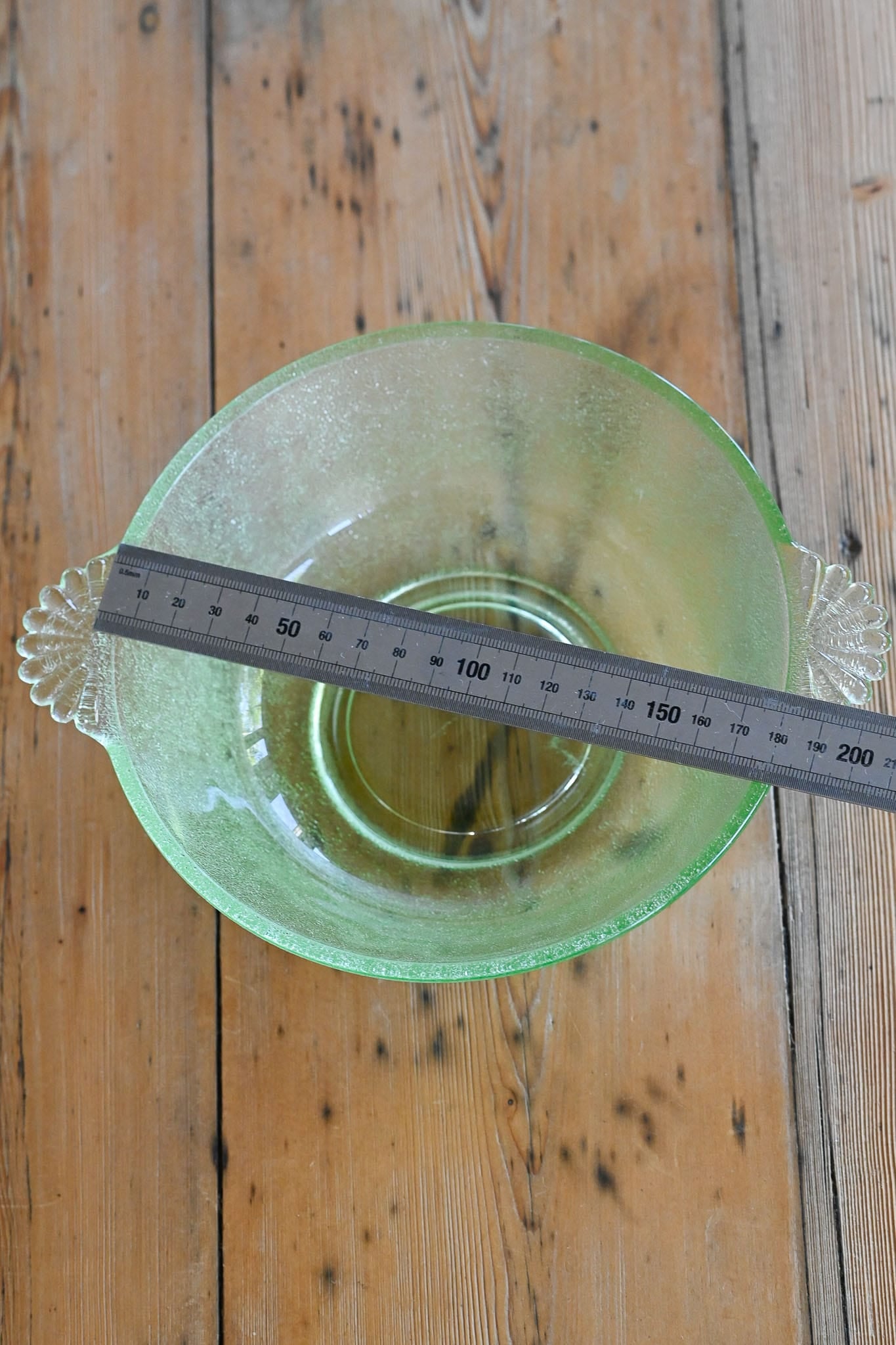 vintage uranium glass bowl with handles Green