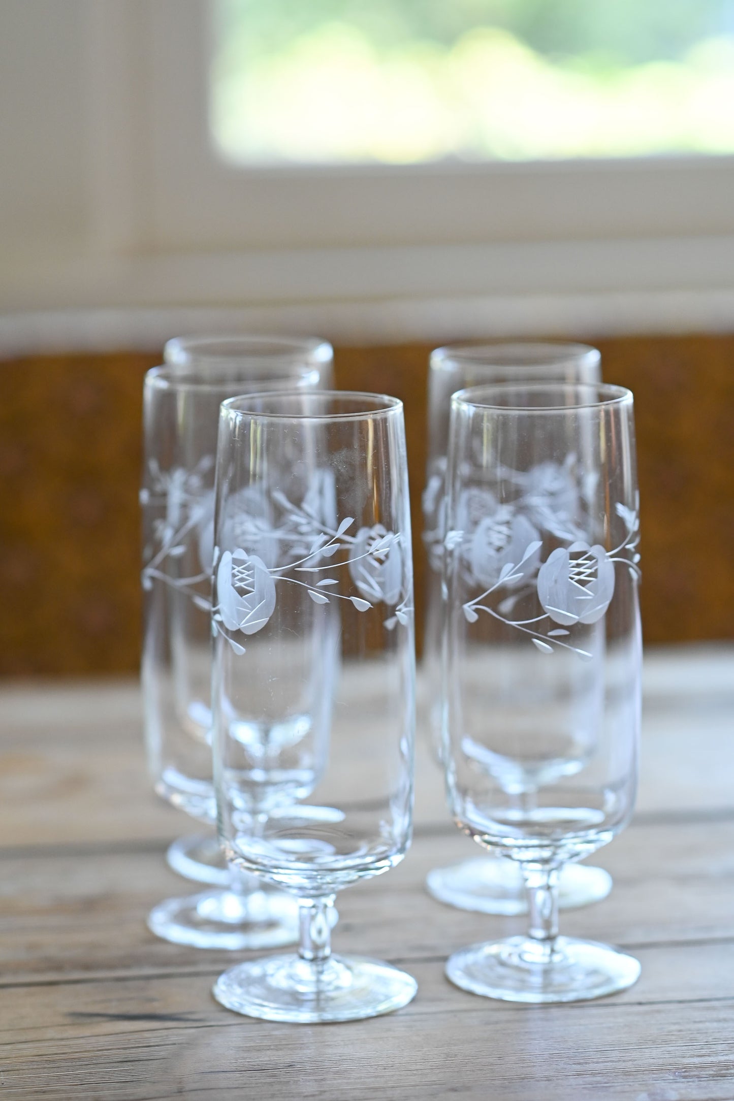 Vintage etched champagne glasses Set of 5
